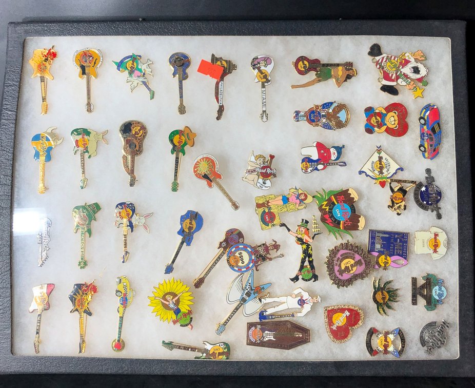 Hard Rock Cafe Guitar and Logo Pins with Display Case