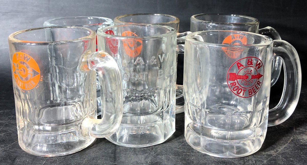 Six A&W Root Beer Mini Glass Mugs with Logos