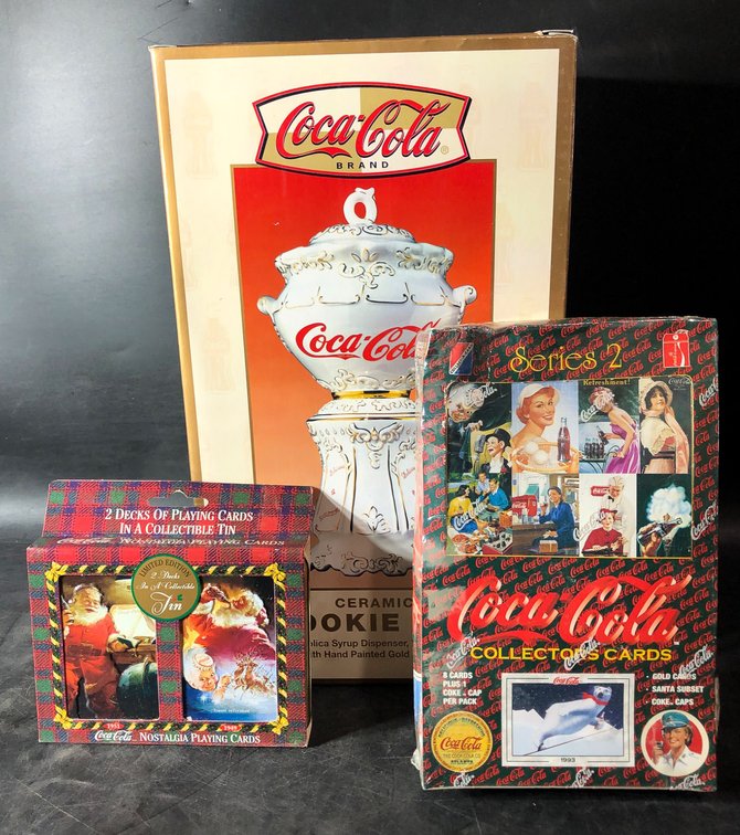 Coca-Cola Collector’s Bundle with Ceramic Cookie Jar, Trading Cards, and Playing Cards