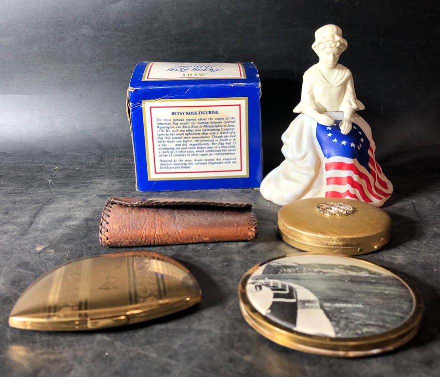 Avon Betsy Ross Figurine with Accessories and Vintage Compacts