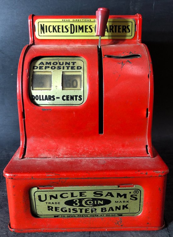 Uncle Sam’s Durable Toy Register Bank, Red Metal, 9 Inches Tall