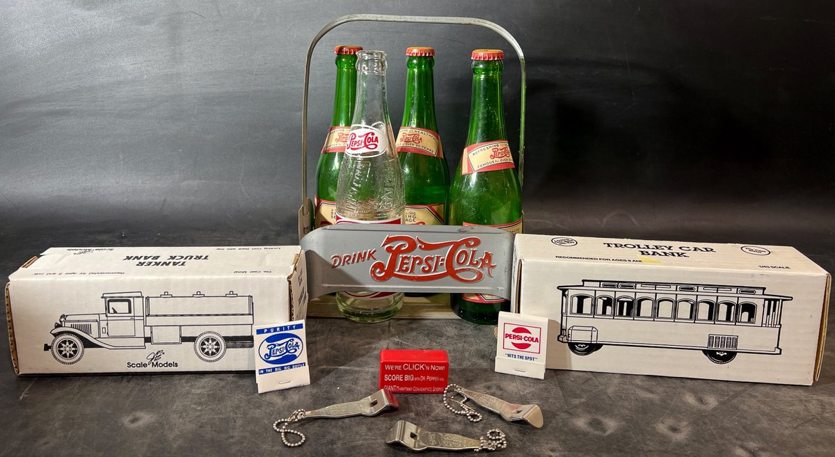 Pepsi-Cola Collectible Set with Bottles, Trolley Bank, Tanker Bank, and Openers