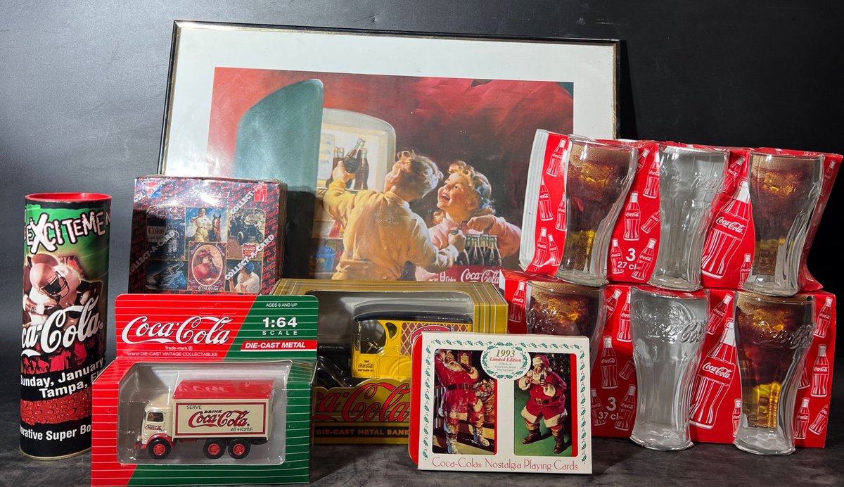 Coca-Cola Memorabilia Lot Featuring Framed Picture, Vehicles, Cards, and Glasses