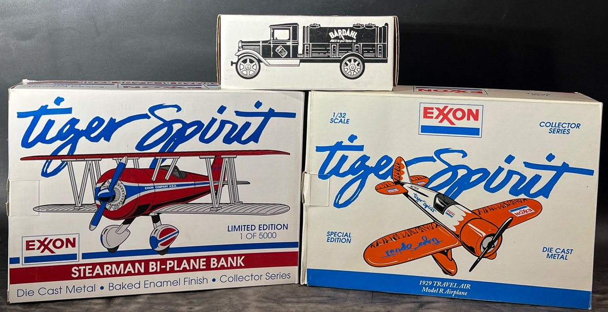 Three Die-Cast Metal Banks Including Exxon Tiger Spirit and Bardahl Tanker