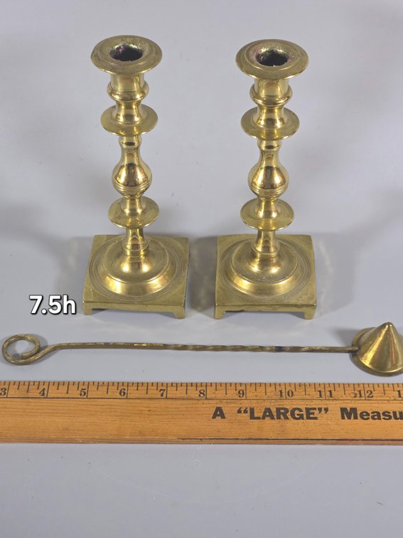 BRASS CANDLESTICKS, SNUFFER