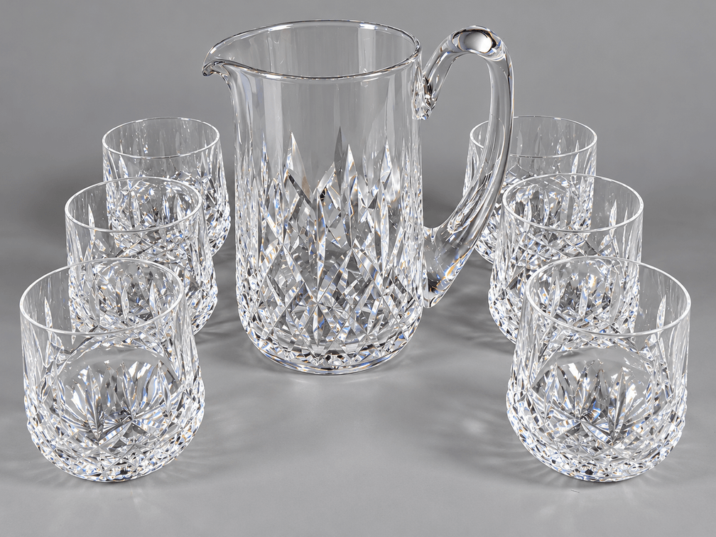 WATERFORD CRYSTAL PITCHER, GLASSES
