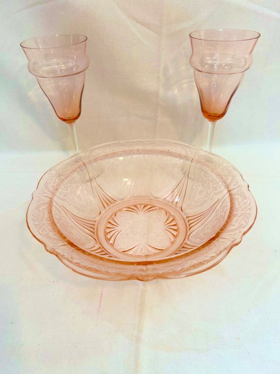 PINK DEPRESSION GLASS BOWL and WINE GLASSES