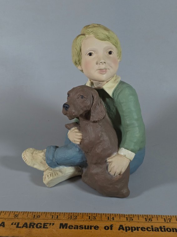 RESIN BOY and DOG STATUE
