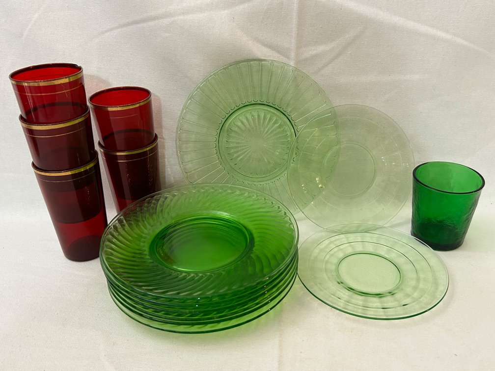 URANIUM GLASS PLATES, RED GLASS CUPS