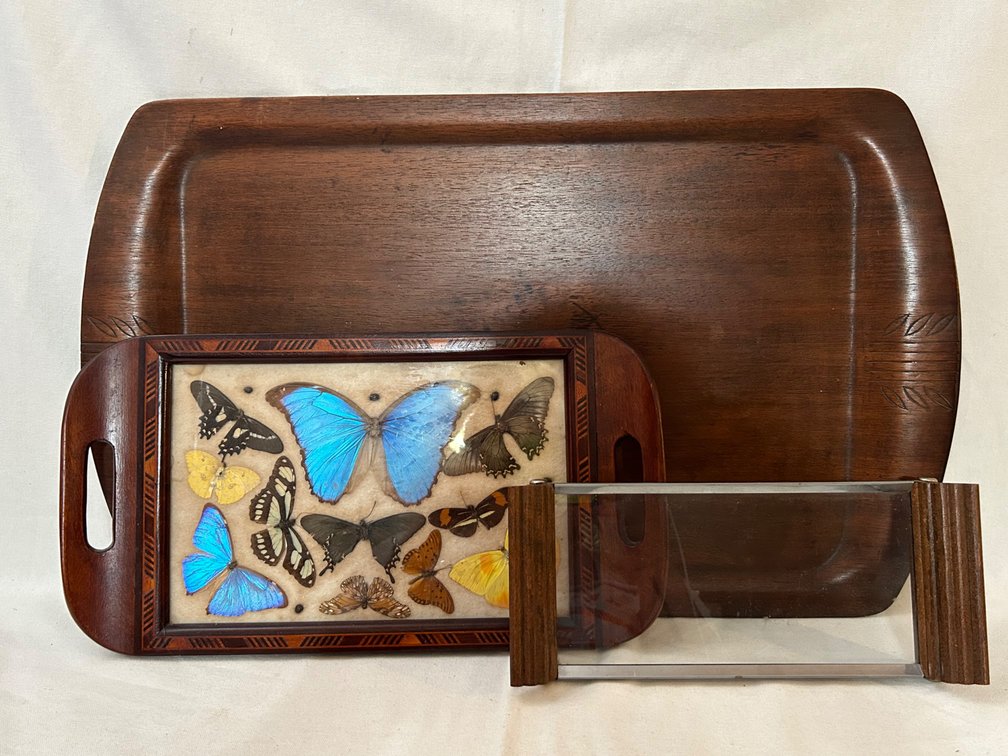 BUTTERFLY, WOOD, GLASS SERVING TRAYS