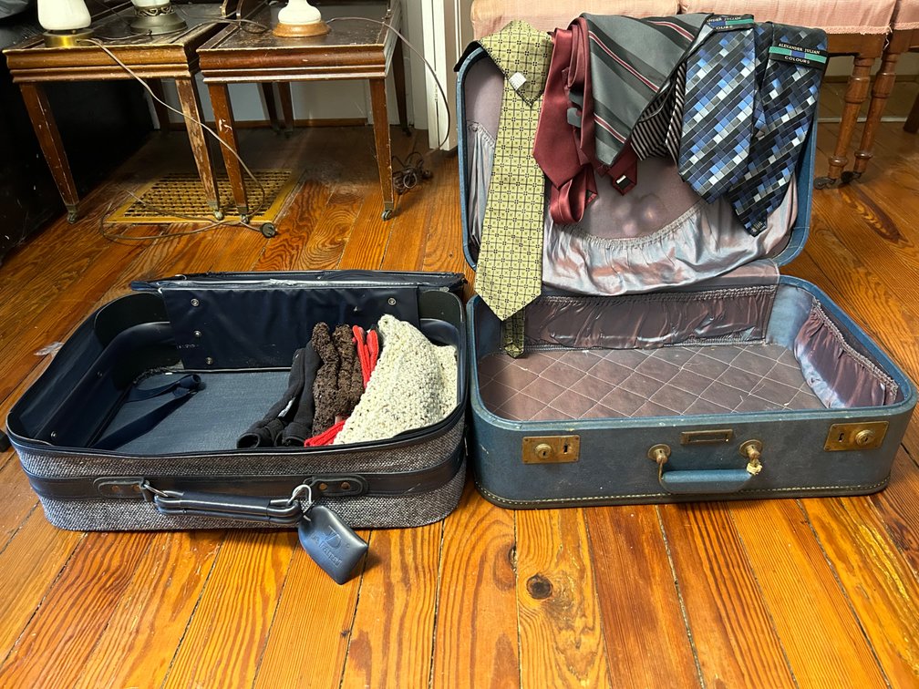 SUITCASES, TIES, WINTER GLOVES