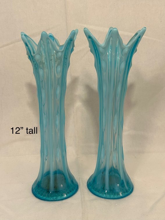 PAIR of FENTON BLUE OPALESCENT SWUNG VASES