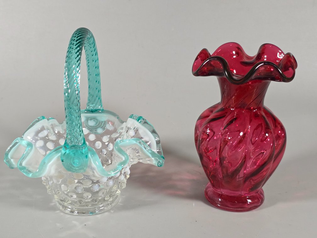 FENTON BASKET, CRANBERRY VASE
