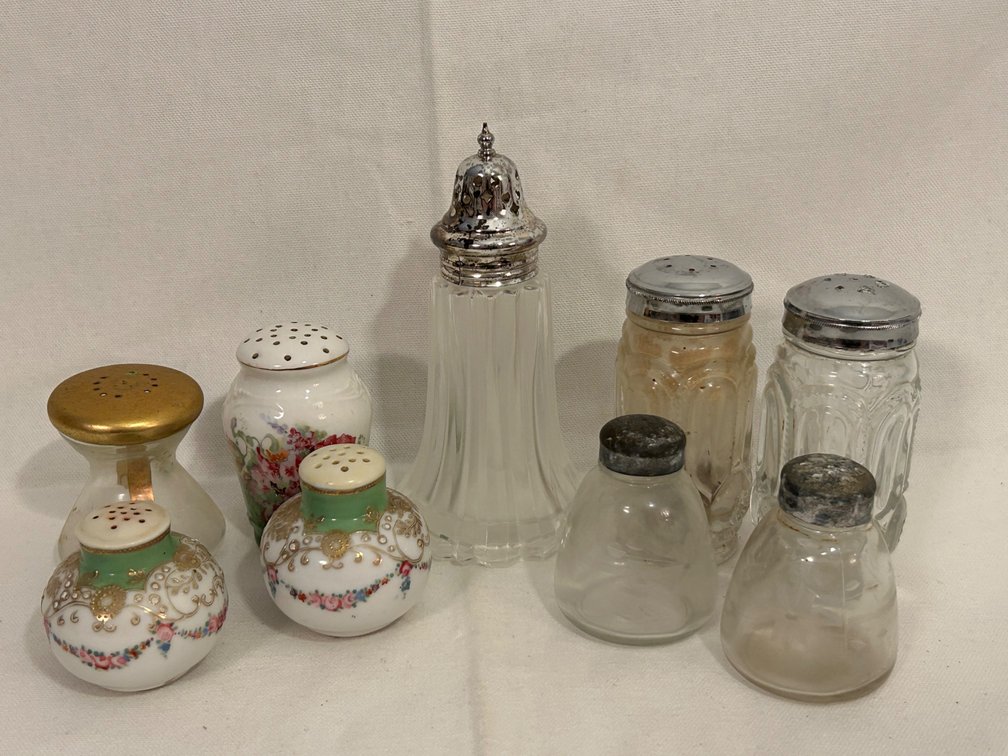 GLASS/PORCELAIN SALT and PEPPER SHAKERS