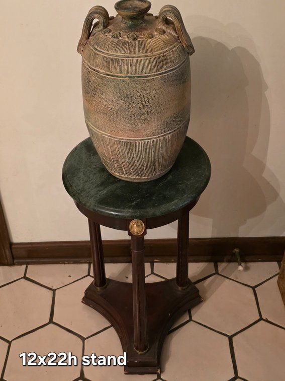 POTTERY JUG, MARBLE TOP PLANT STAND