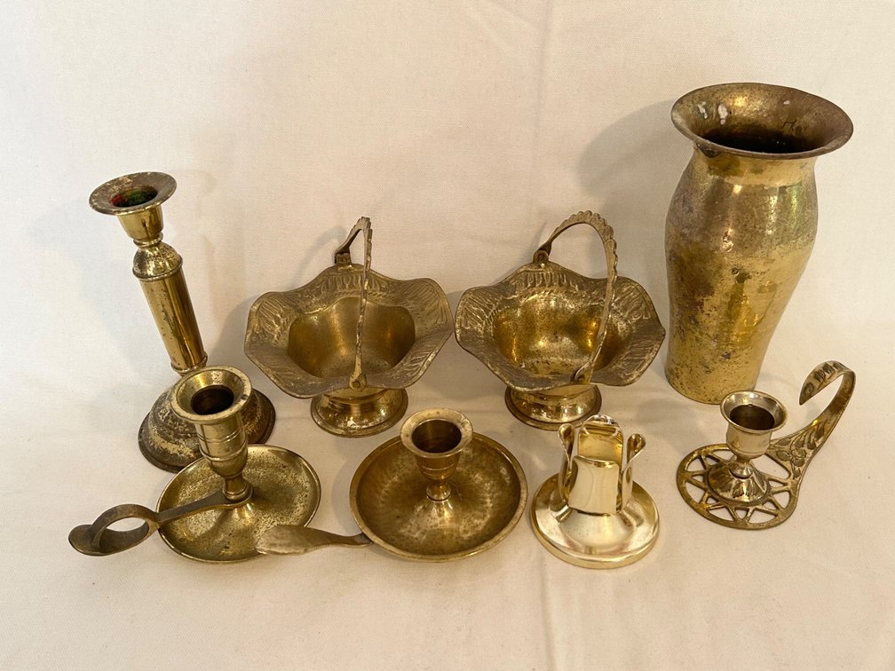 BRASS CANDLE HOLDERS, VASE