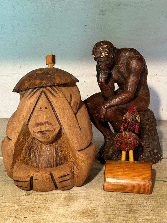 COCONUT MONKEY, WALNUT CHICKEN FIGURINES, “THE THINKER” SCULPTURE