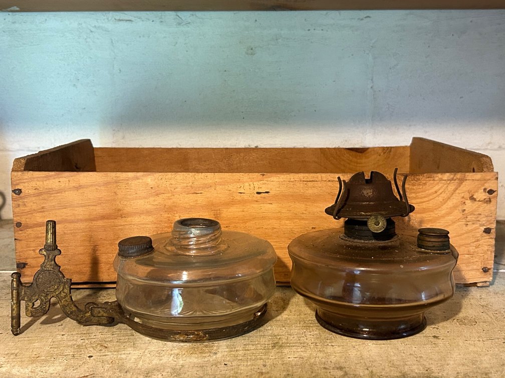 HANGING OIL LAMPS, WOODEN CRATE