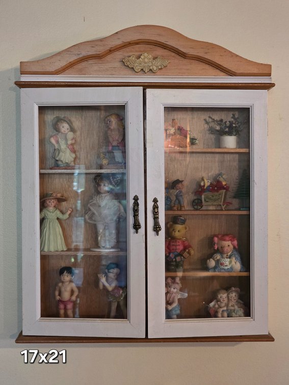 WALL CURIO CABINET, FIGURINES