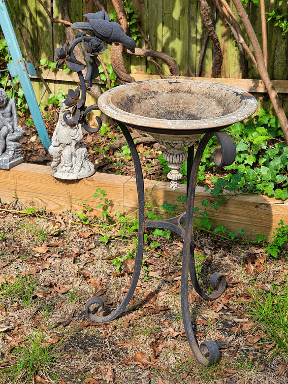 IRON BASE BIRD BATH, RESIN BOWL