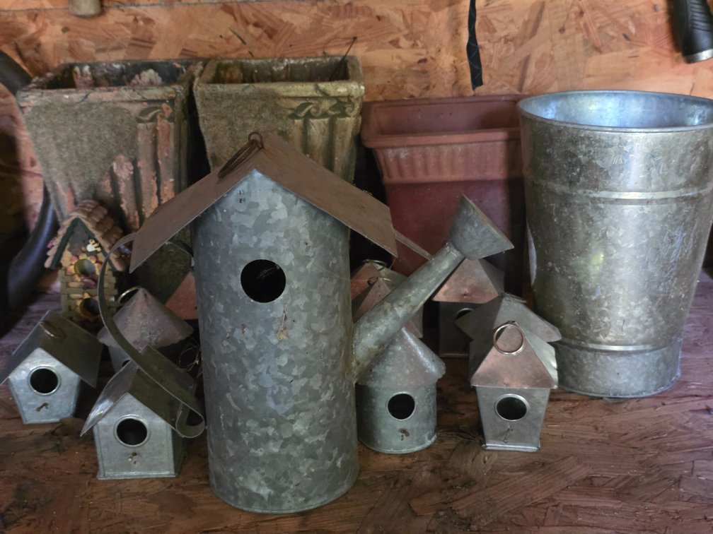 TIN BIRDHOUSES, PLANTERS