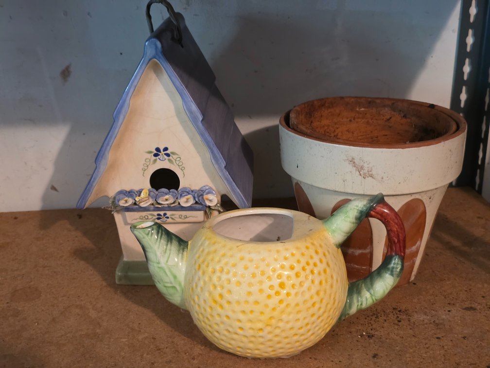 CERAMIC BIRDHOUSE, TEAPOT, PLANTER