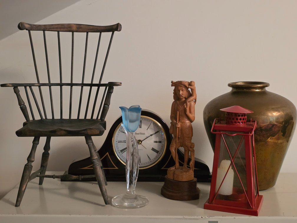 DOLL CHAIR, CLOCK, BRASS VASE