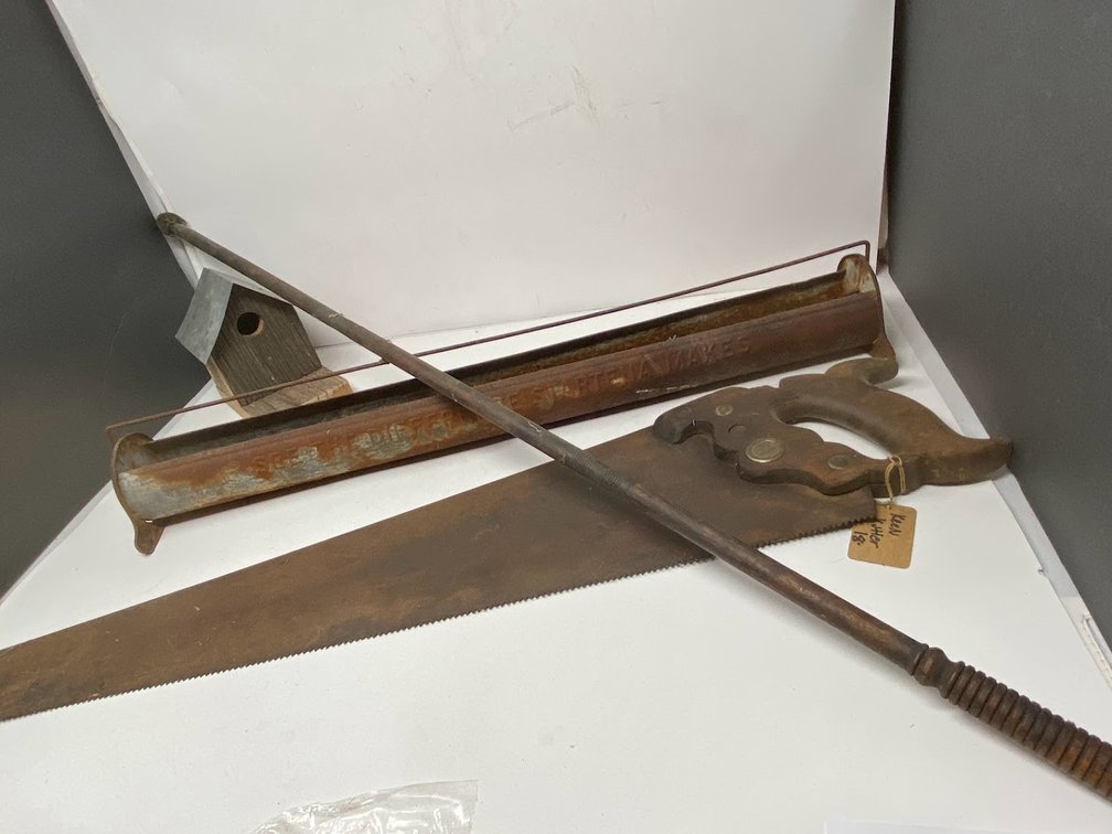 Keen Kutter Hand Saw, Wooden birdhouse, and chicken feeder