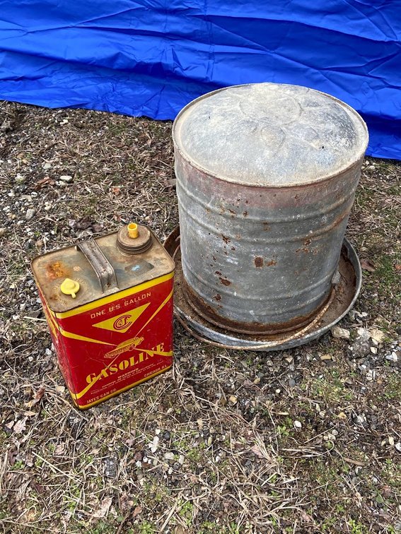 One U.S. Gallon Gasoline Jayes Can Co. and Galvanized Bird feeder