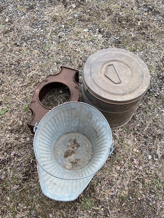 Galvanized Coal Bucket, stove part, and metal can with lid