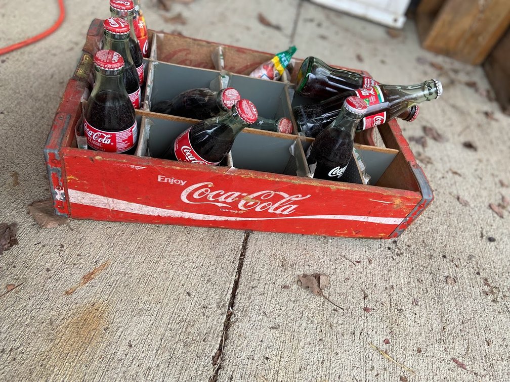 Coca-Cola Wood Box divided and full Coca-Cola bottles  and Santa Pez