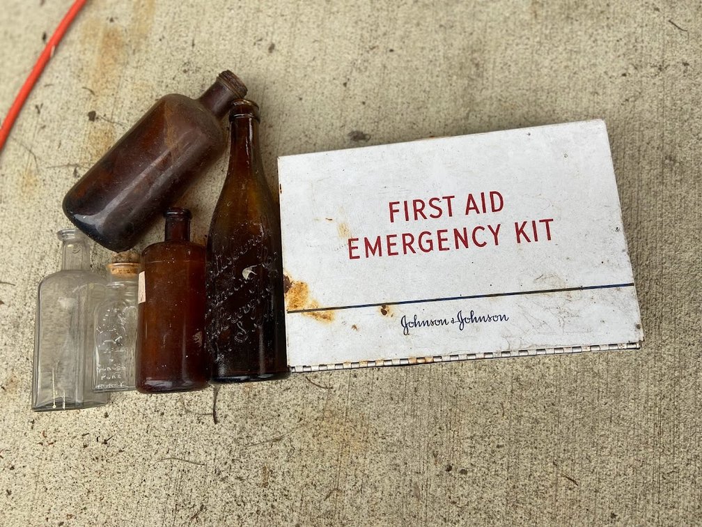 Johnson and Johnson First aid Emergency Kit,  Brown Bottles: Pittsburgh Brewing Co. and Clear bottles: Ounces Pure Honey