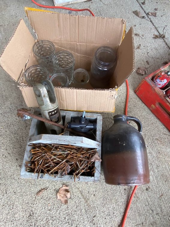Nails, Brown Pottery Moonshine Bottle-chipped at the top, canning jars