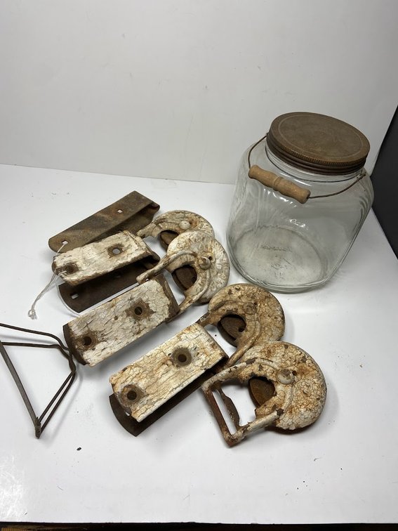 Barn door rollers and brackets and pickle jar  