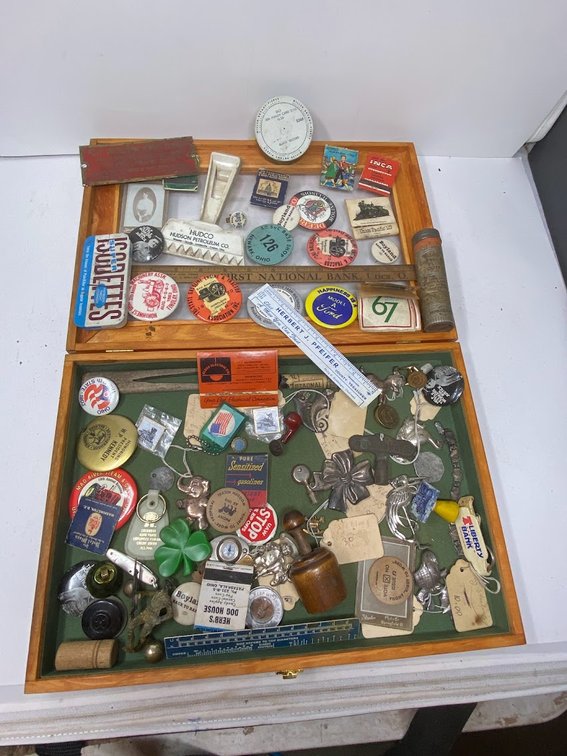 Group lot: Advertising Box; Columbus Auto Parts Employees Credit Union keychain, matches, Liberty Savings Bank, pins, pipe