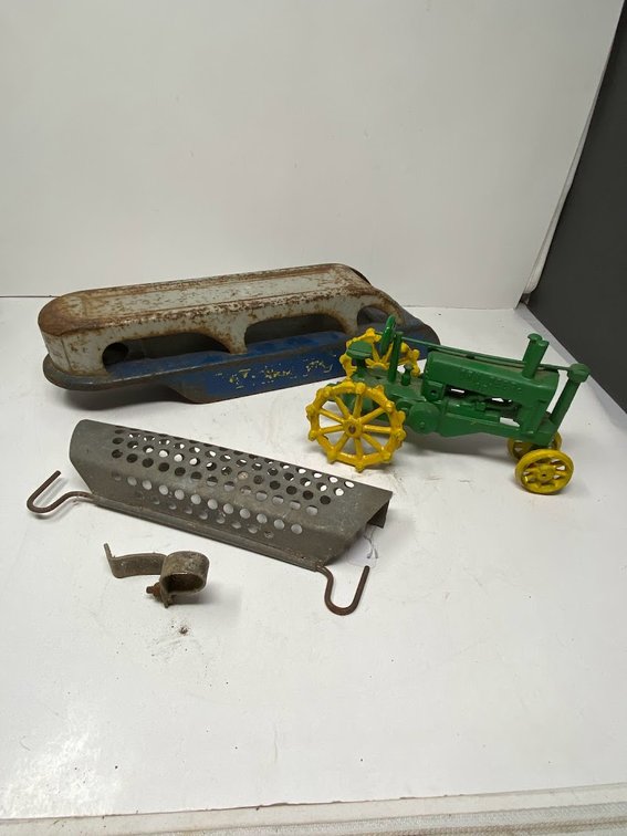 John Deere Cast Iron toy Tractor and press steal toy truck trailer-missing wheels