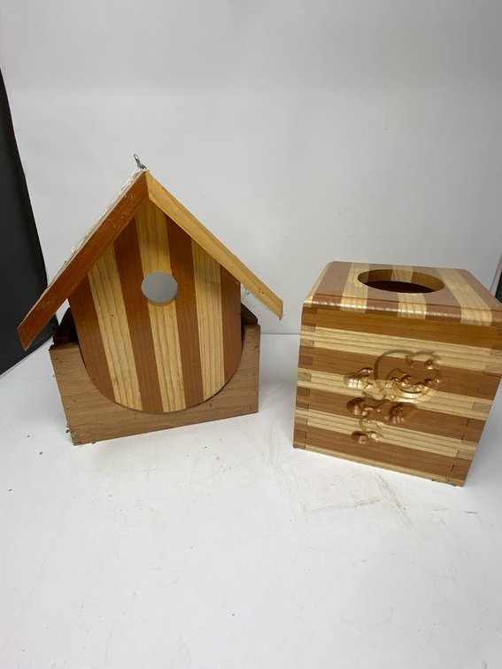 Wooden window holder birdhouse, and Wooden Ohio State Tissue box