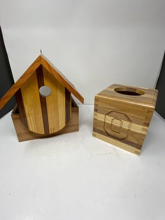 Wooden window holder birdhouse, and Wooden Ohio State Tissue box