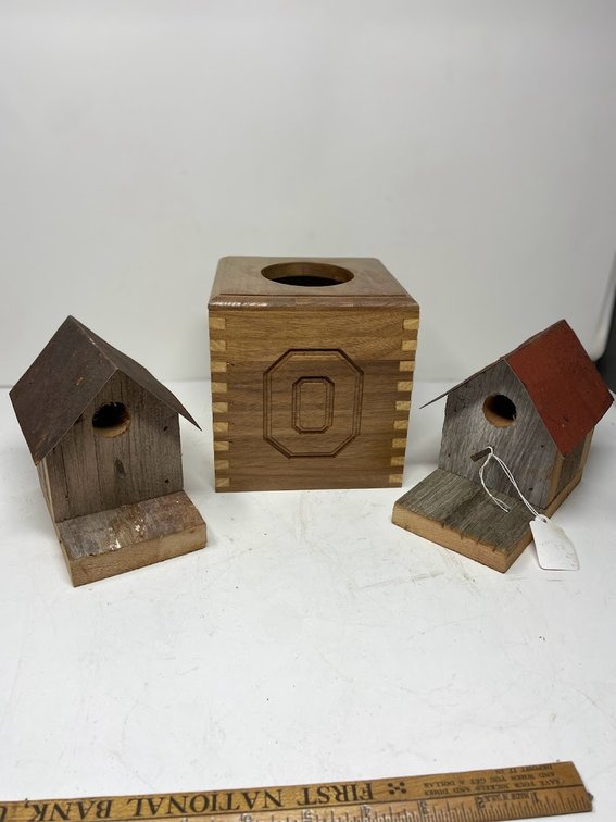 Ohio State Wooden Tissue Box and 2- Wooden birdhouses