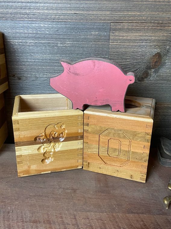 Ohio State wooden Tissue Box and Ohio State Wooden Box, wooden pig