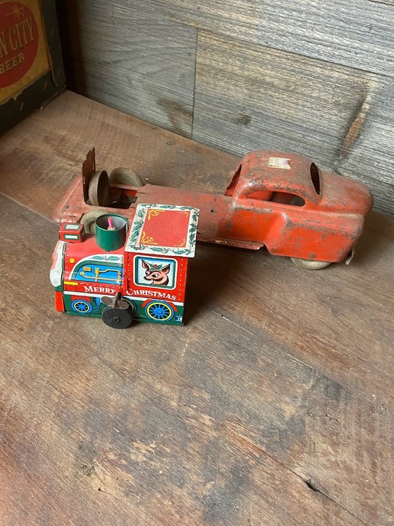Vintage Merry Christmas Tin Toy Train and, Vintage Toy Red Truck