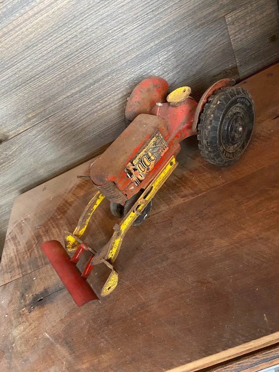 Louis Marx Red,  and yellow farm tractor with blade Made in USA