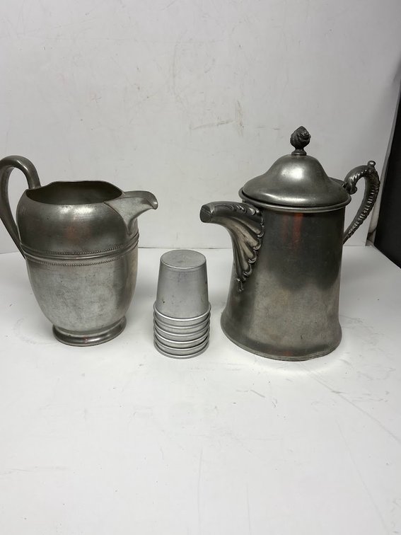 Pewter Teapot, Silver Plated pitcher NO.86, and 6-miniature cups
