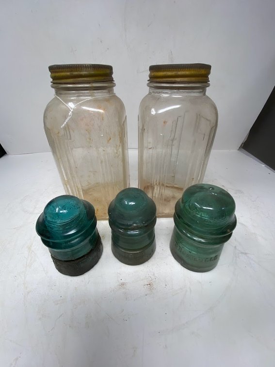 3-Green Insulators and Ephemera: 2- Silver Sea Coffee Jars with lids