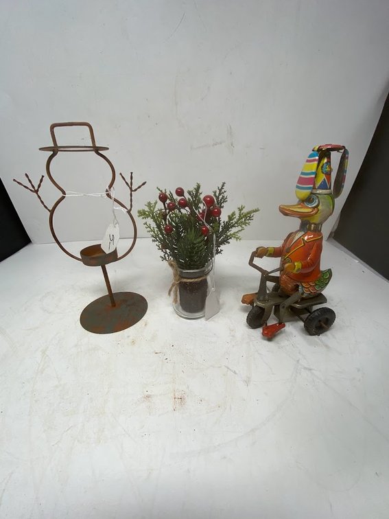 Snowman Tealight holder, Fake snow frost pine branches, and  Wind-up duck on bike Collectible figurine 