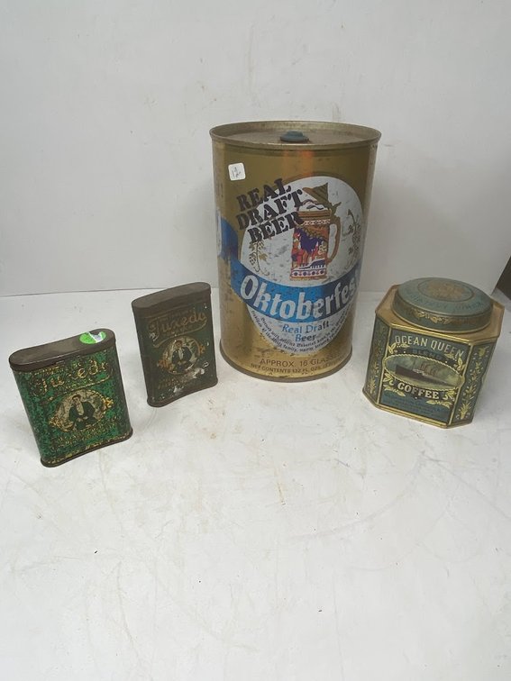 Ephemera: Real Draft Beer Oktoberfest tin, Tuxedo Tobacco tins, Ocean Queen Blend Coffee