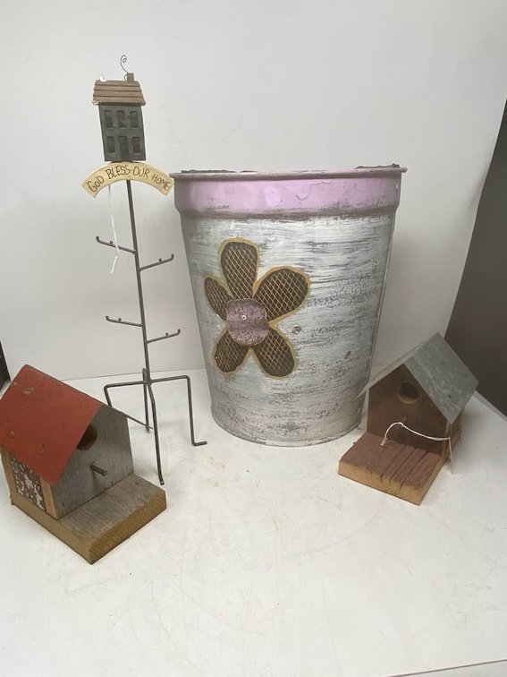 2- Birdhouses, Wrought Iron stand peg holder, and a flower picture