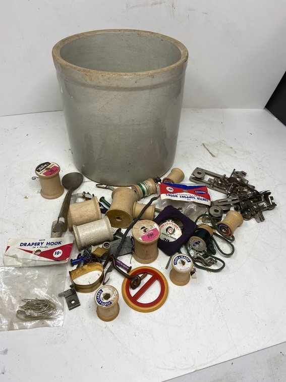 Crock approx. 7.5" T x 7" W with Sewing material