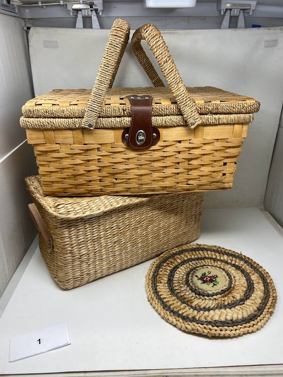 Picnic Basket with 2-handles and latched lid, Lidded basket with handles, and coaster