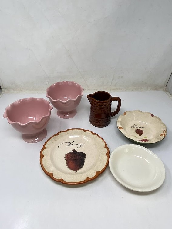 Creamer, Fall Blessings plate, pink dessert bowls,& bowls
